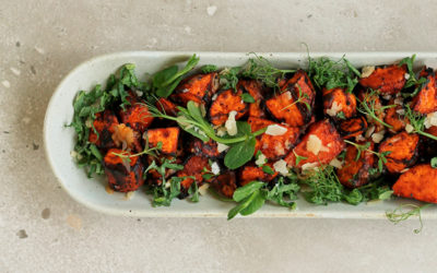 Sweet potato salad with tomato dressing and parmesan