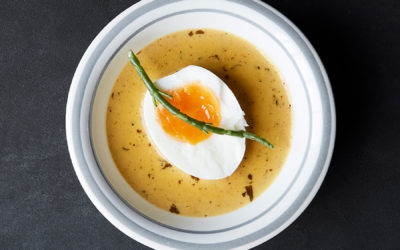Coconut and mango soup with eggs and salicornia
