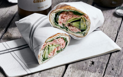 Egg wraps with hot smoked salmon and spinach